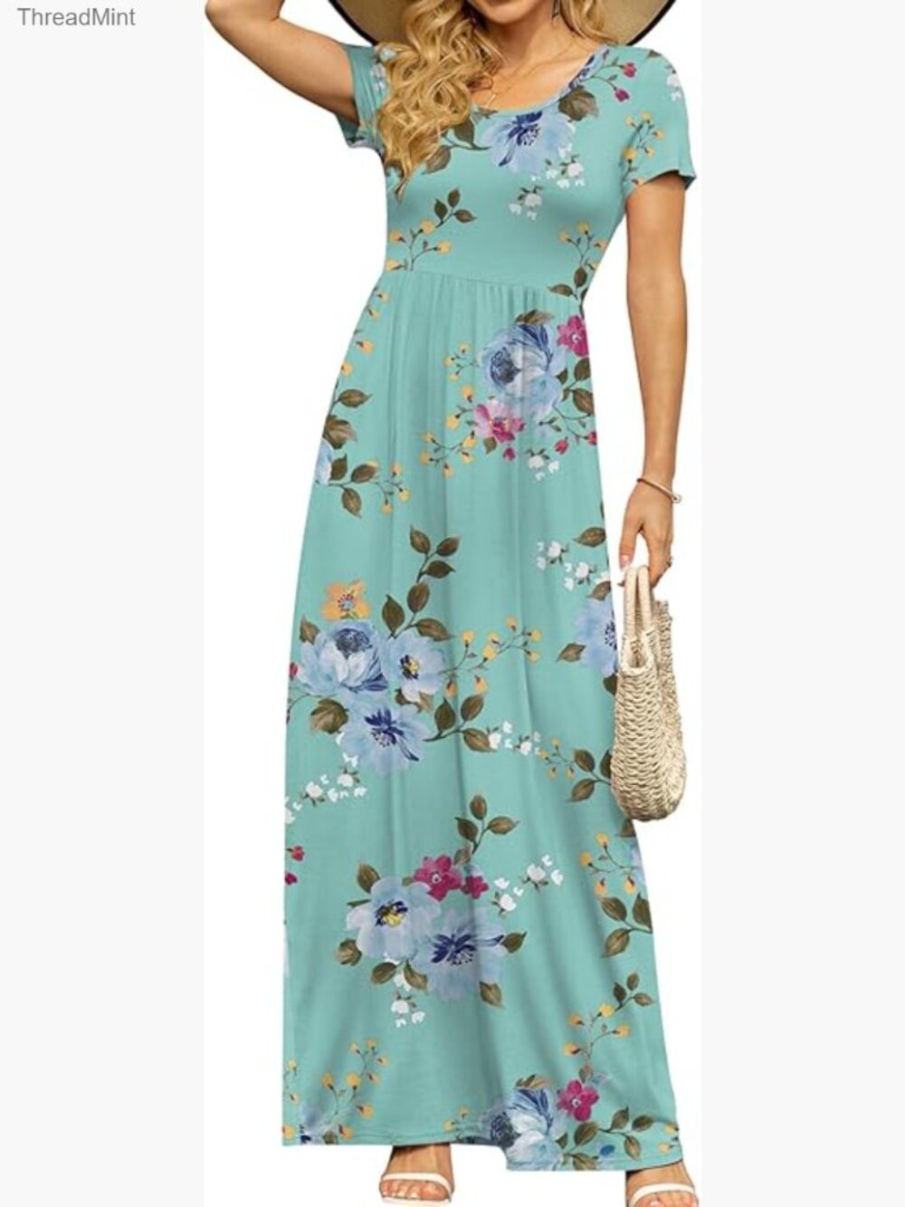 Maxi Dress with Pockets, Empire Waist, Short Sleeve, Rayon Spandex, Casual